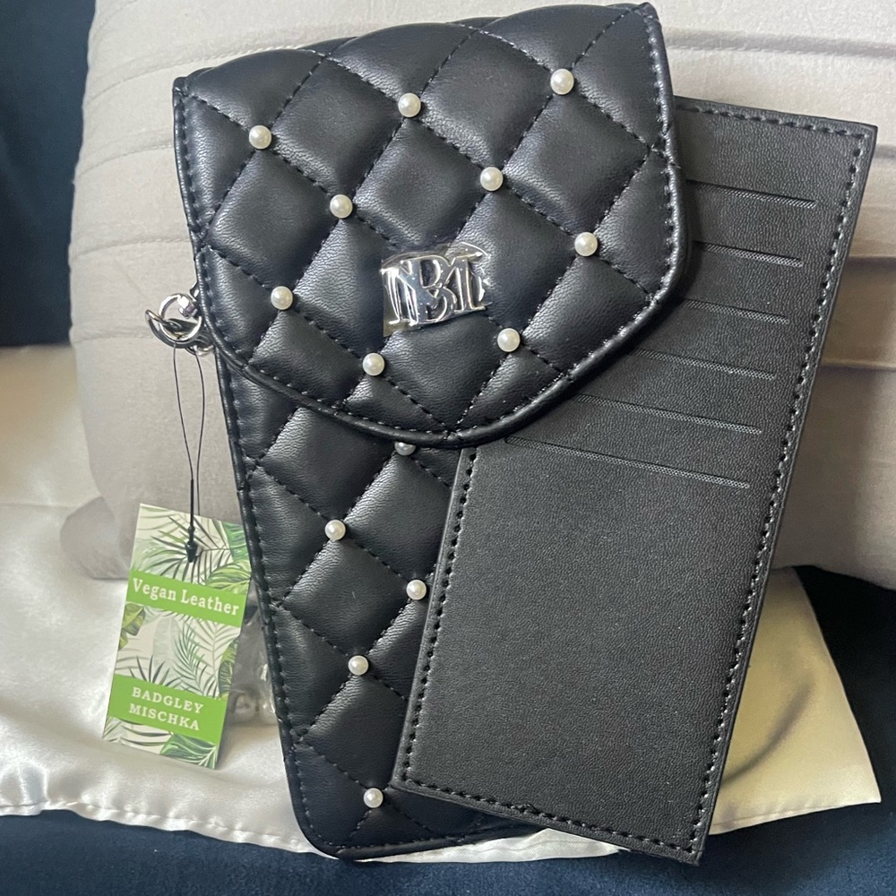 Badgley Mischka Black Quilted Cosmetic Bag with Studded Detail